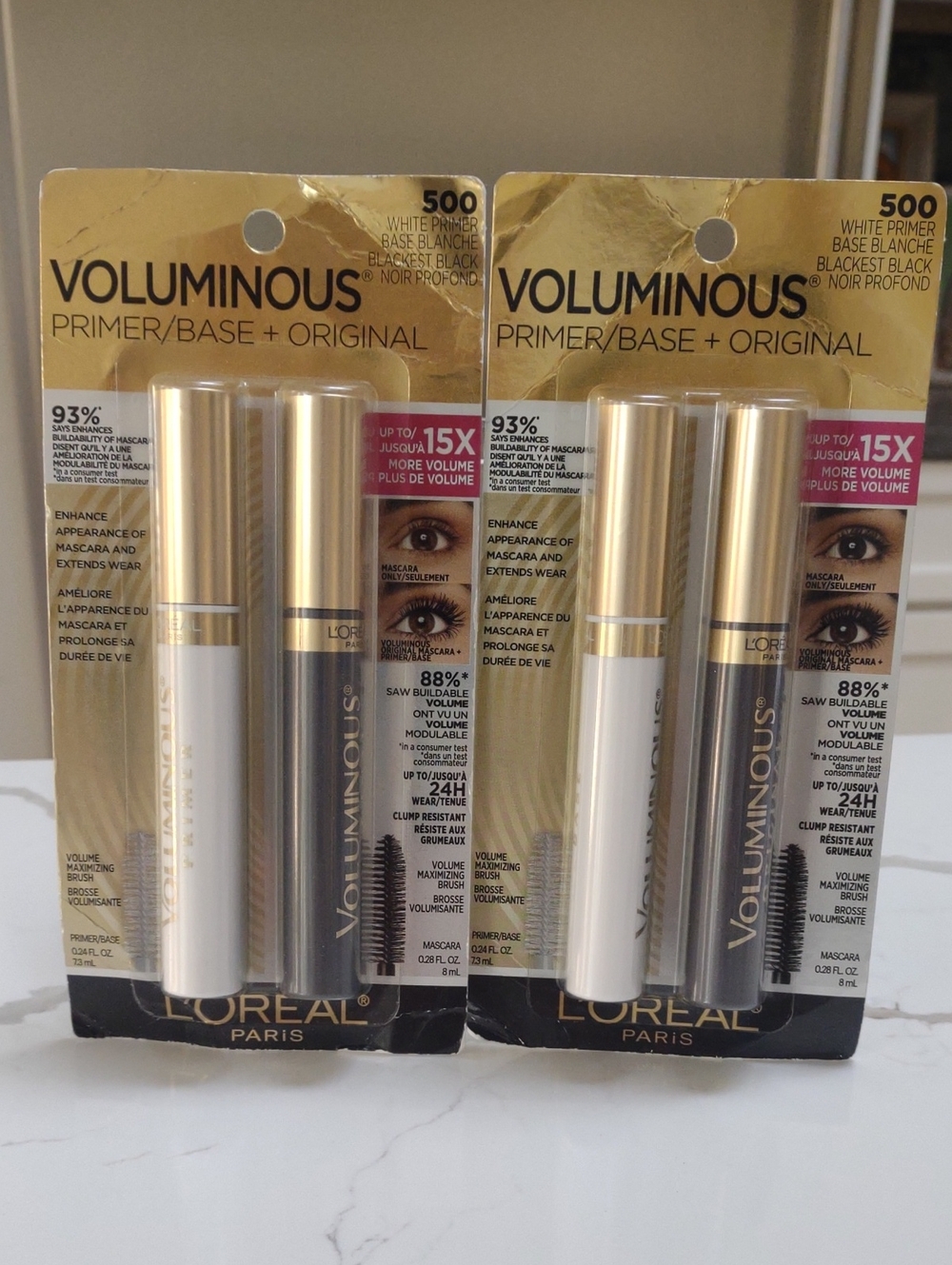 2 Packs L'OREAL Original VOLUMINOUS Original Mascara Blackest Black Plus Primer